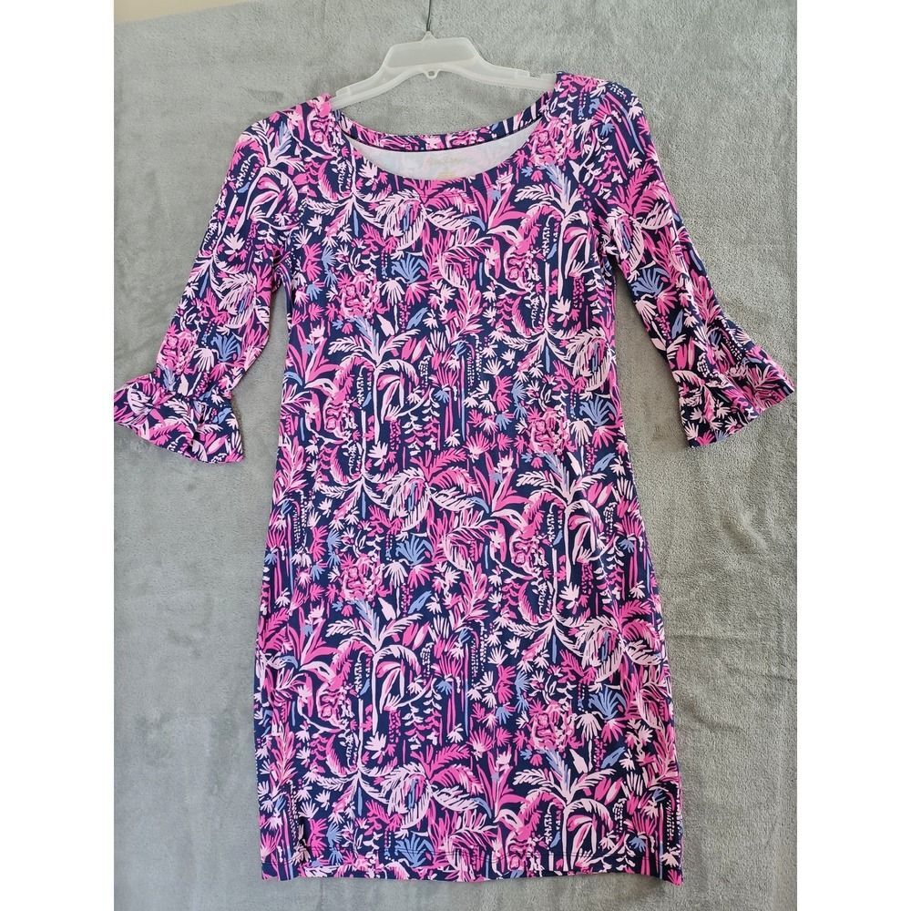 Lilly Pulitzer Sm Dress Upf 50+ Shift 3/4 Sleeve Ruffle Monkey Palm Print Pink